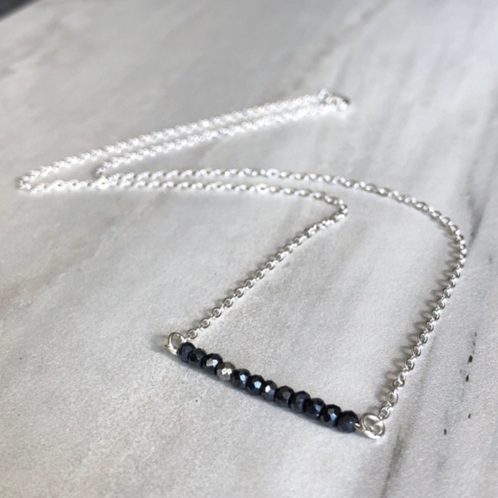 Black Spinel Faceted Crystal Silver Bar Necklace